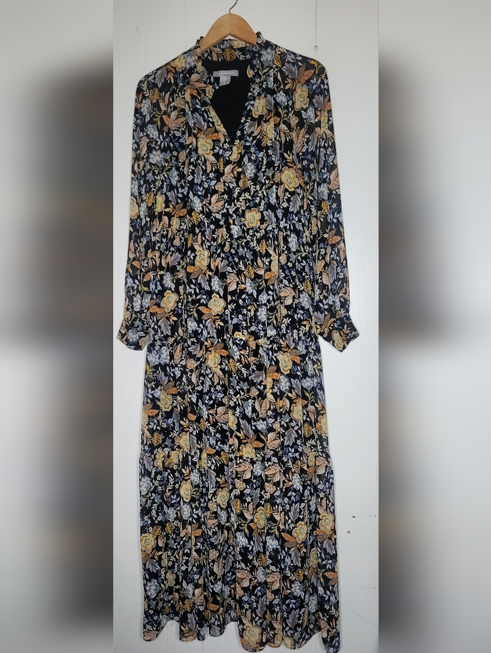 Lucky Brand Black Floral Long-Sleeve Tiered Maxi Dress